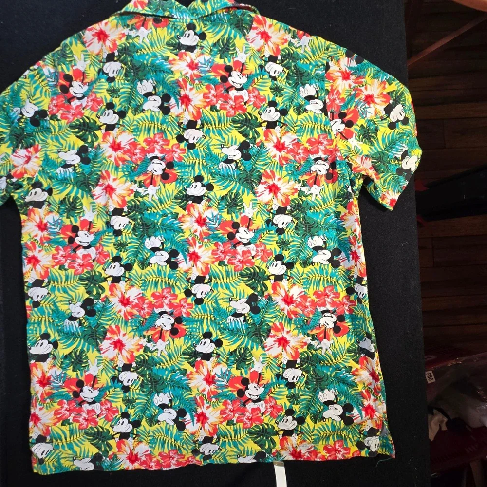 Disney Mickey Mouse Hawaiian Shirt Mens Sz L Tropical Floral Button Cotton Vacay